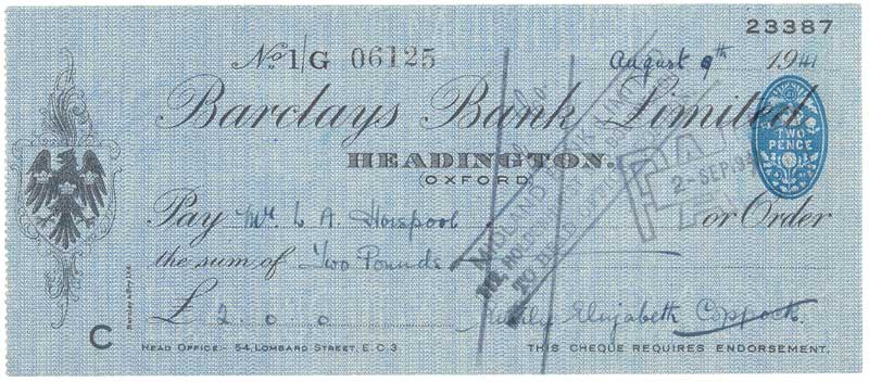 Barclays Bank cheque of 1941